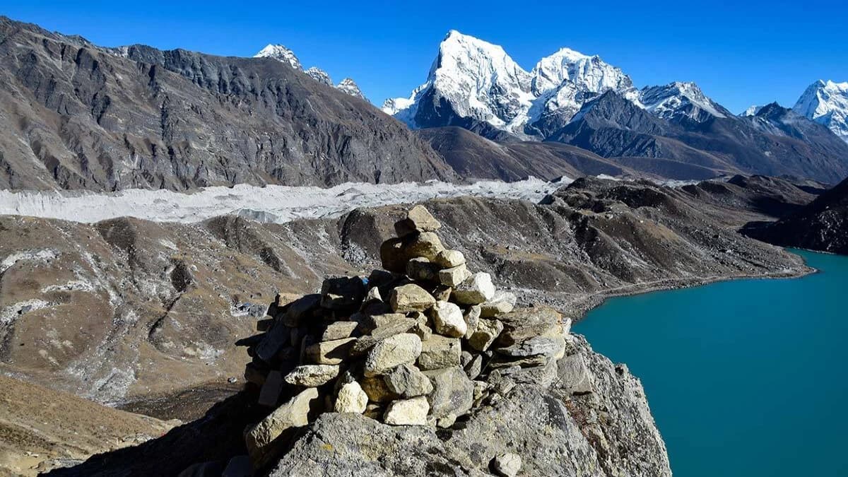 Scenic view of Everest Base Camp trek route via Gokyo Lakes with snow-capped mountains, turquoise lakes, and trekkers hiking through the Himalayas